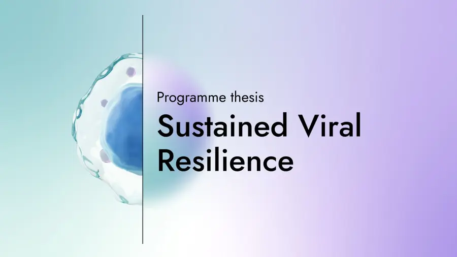 Card with the text "Programme thesis: Sustained Viral Resilience" with a graphic of half an amoeba on a gradient background