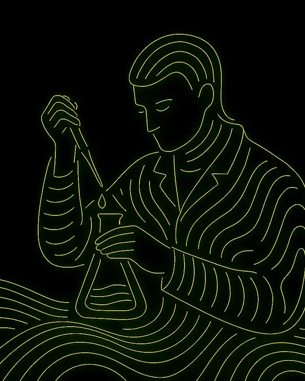 Artistic graphic outline of a scientist dropping liquid into a conical flask