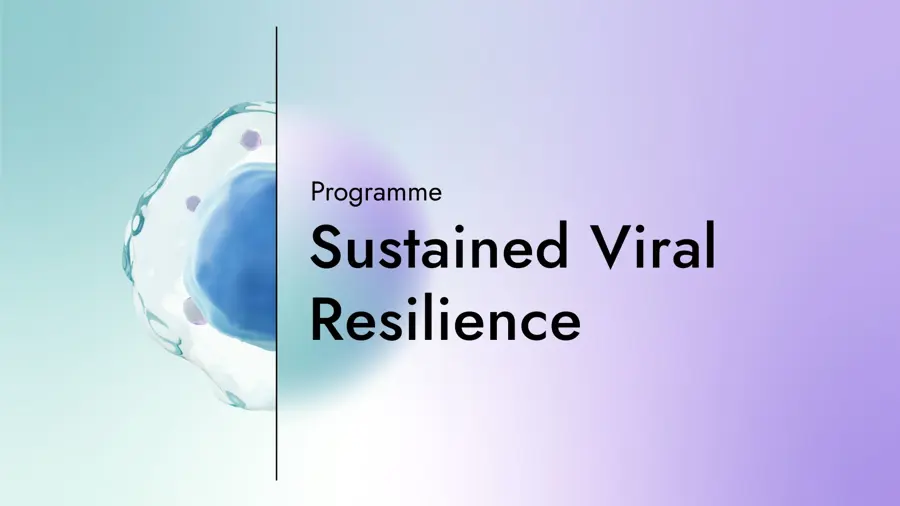Card with the text "Programme: Sustained Viral Resilience" with a graphic of half an amoeba on a gradient background