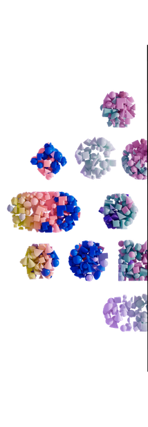 Graphic of several clusters of geometric shapes with an orange and purple gradient making up the other half