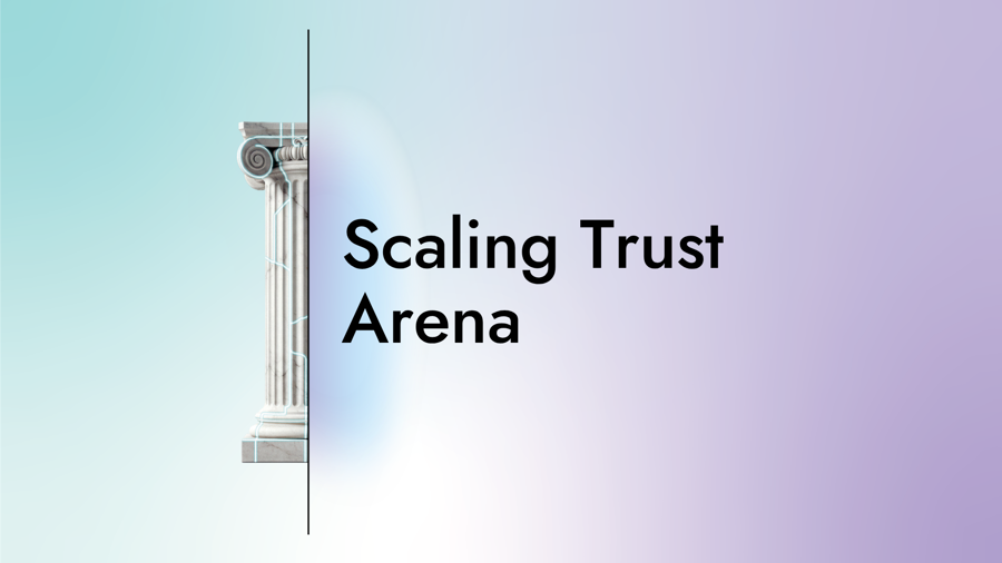 Card with the text "Scaling Trust Arena" with a graphic of half a column on a gradient background