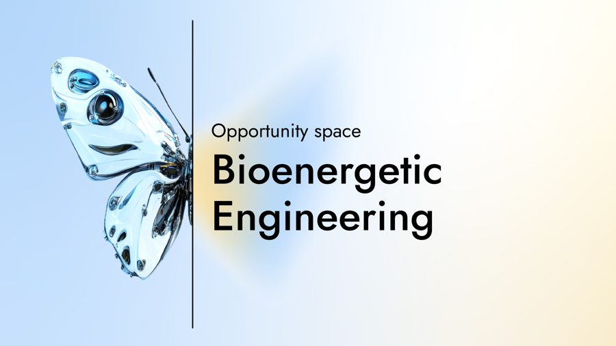 Card with the text "Opportunity Space: Bioenergetic Engineering" with a graphic of half a butterfly on a gradient background