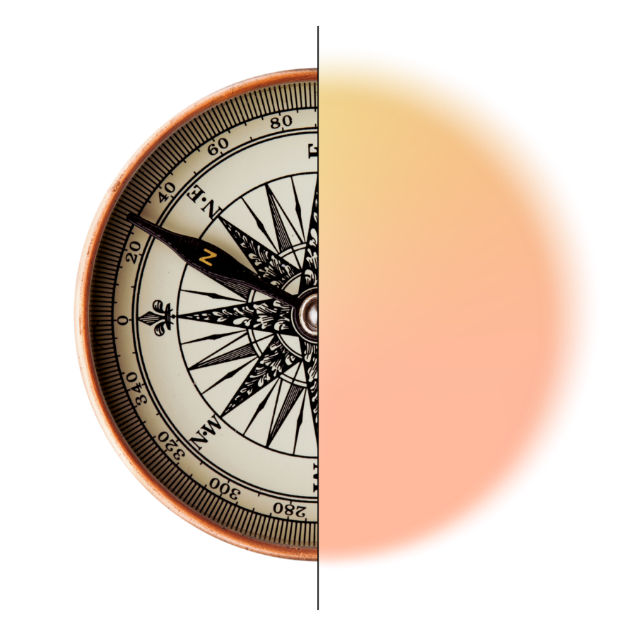 Graphic of half a compass with a orange yellow gradient making up the other half