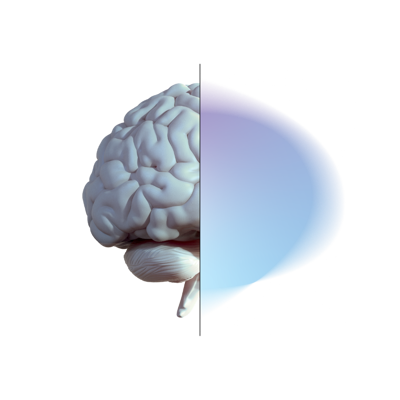 Graphic of half a brain with a blue and purple gradient making up the other half