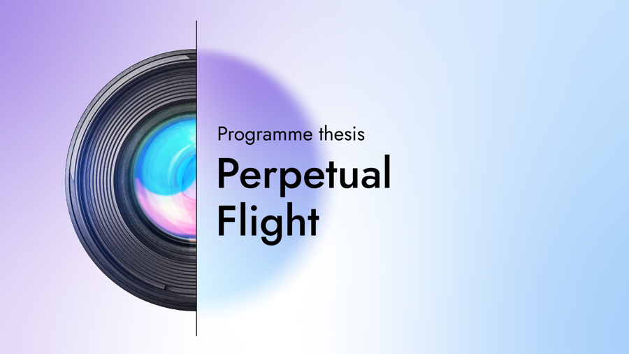 Card with text reading "Perpetual Flight: Programme Thesis" and a graphic of half a camera lens on a gradient background 
