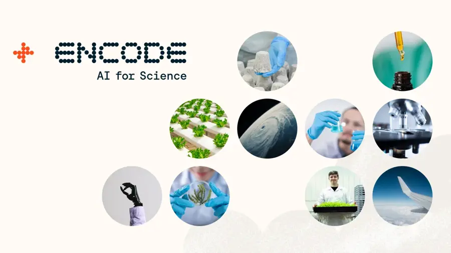 Encode: AI for Science logo with an array of images in spheres