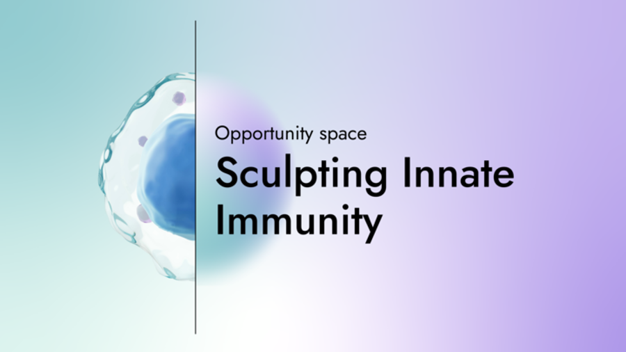 Card with the text "Opportunity Space: Sculpting Innate Immunity" with a graphic of half an amoeba on a gradient background