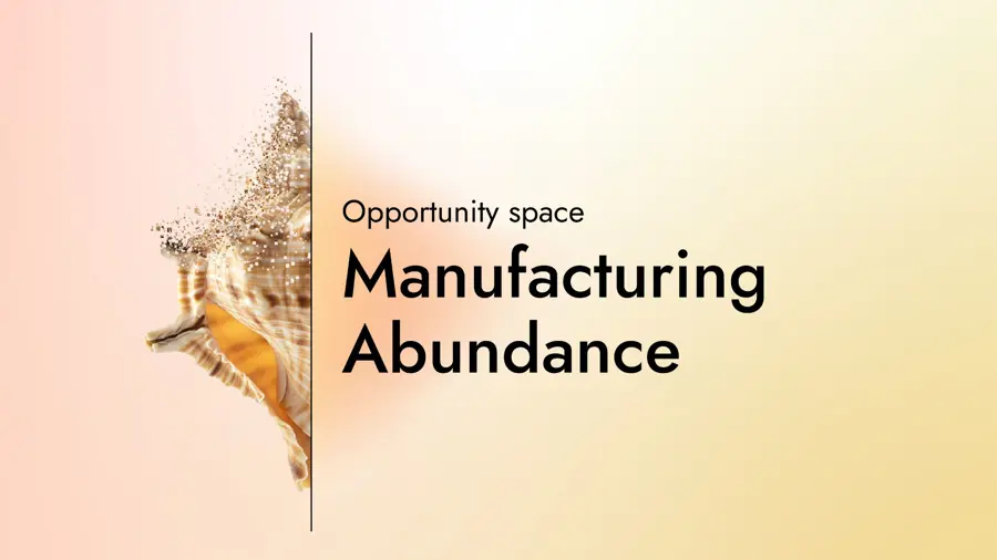 Card with the text "Opportunity Space: Manufacturing Abundance" with a graphic of half a shell on a gradient background